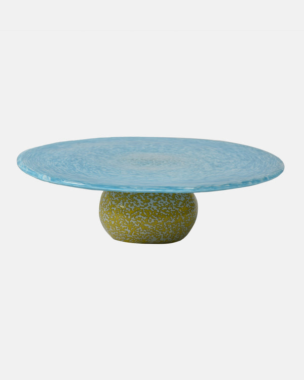 Multi Use 2-in-1 Glass Cake Plate & Bowl - Turquoise & Yellow