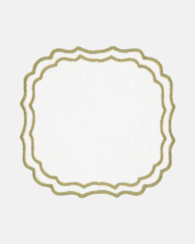 Greta Placemat, Napkin and Coaster, White with Green