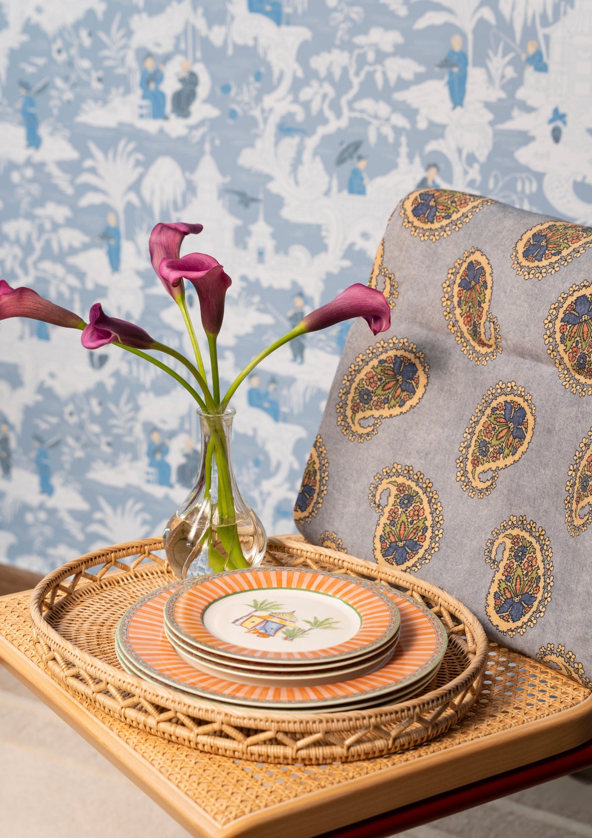 Breakfast on woven rattan