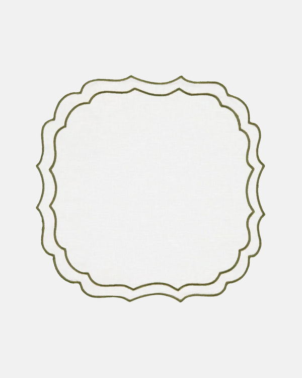 Greta Placemat, Napkin and Coaster, White with Green